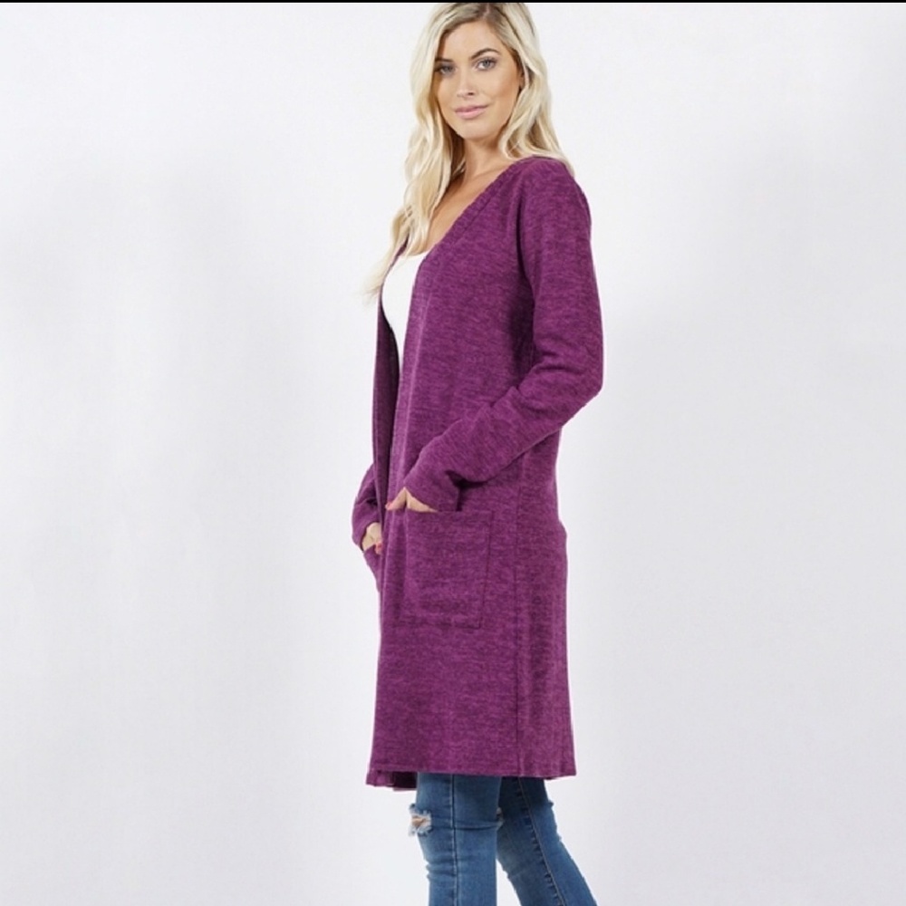 Brushed Melange Open Front Pocket Cardigan - Picture 3 of 5